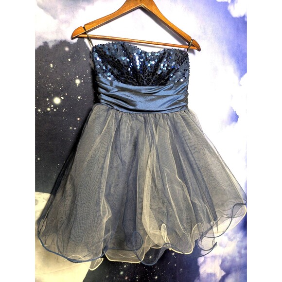 Navy Blue Sequin Strapless Tulle Party Dress Size 3 Prom Homecoming Speechless - Picture 2 of 11